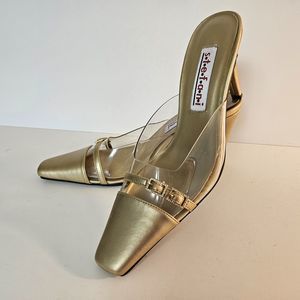 Stefani‎ Size 8 Flower Gold Clear Buckle Square Toe Slip-On Heel Mules NEW